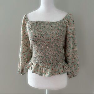 Paper Crane Green Floral Smocked Peplum Top L Long Sleeve Square Neck Blouse